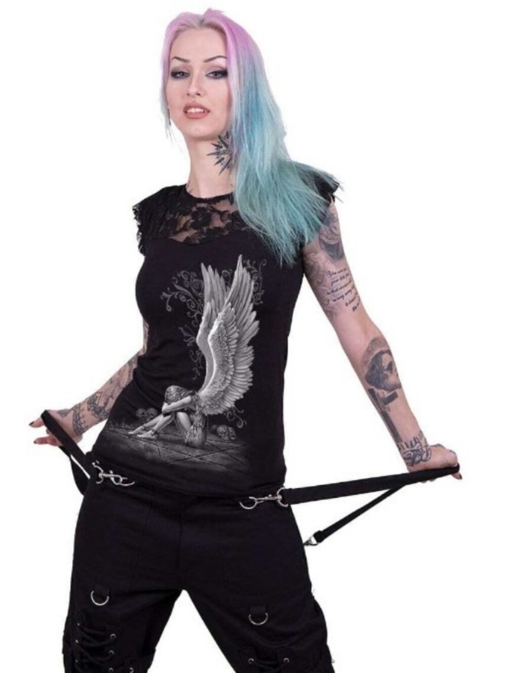 Goth/Bikercore Graphic Angel Lace Accents Black Tee